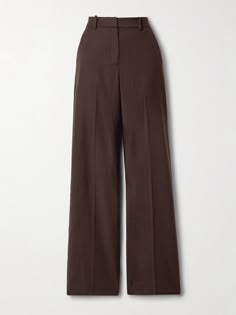 SIMKHAI's 'Tavar' pants are part of a set with the matching 'Deb' vest, and can be styled just as easily with your favorite blouse or cardigan. Tailored from 'Espresso' wool, they have a partially elasticated waist that ensures the perfect fit and flowy, wide legs with pressed creases. Brown Trousers Women, Brown Pants Aesthetic, Brown Straight Leg Pants, Dark Brown Dress Pants, Vietnam Clothes, Clothing Png, Photographie Indie, Brown Slacks, Wide Legged Pants