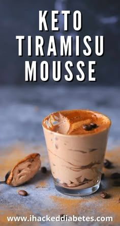 keto tiramisu mousse in a glass with chocolate chips on the side