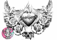 a skull with roses and two doves on it's chest is surrounded by birds