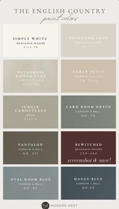 the english country paint color scheme is shown in shades of gray, white and brown