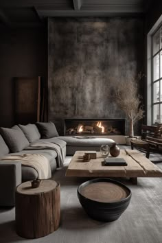 a living room filled with furniture and a fire place in the middle of the room