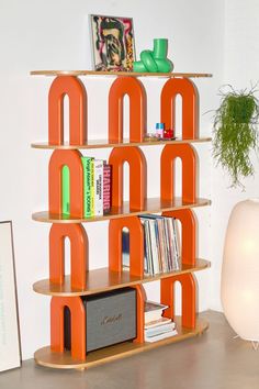 an orange bookshelf sitting on top of a wooden table next to a plant