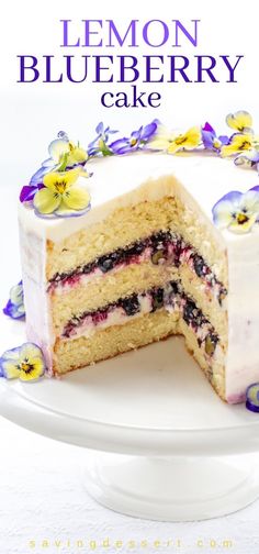 a lemon blueberry cake on a white plate