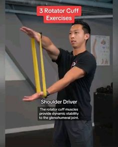 a man holding a large yellow object in his right hand with the caption, 3 rotator cuff exercises shoulder driver