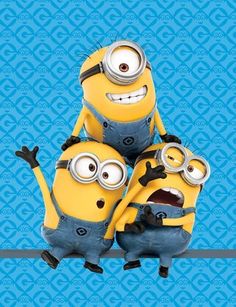 three minion characters sitting on top of each other in front of a blue background