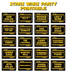 the star wars party printables are shown in yellow and black, with words that read