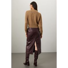 Brown knit (65% Cotton, 29% Linen, 6% Mulberry Silk). Sweater. Long sleeves. Crewneck. Pull on. 21" from shoulder to hemline. Imported. Fitted Textured Knit Sweater For Work, Fitted Fall Cardigan With Ribbed Cuffs, Chic Textured Knit Outerwear For Fall, Crew Neck Knit Top With Ribbed Collar For Fall, Fall Cropped Sweater With Ribbed Collar, Chic Fall Outerwear With Ribbed Collar, Brown Sweater With Ribbed Collar For Spring, Brown Ribbed Collar Sweater For Spring, Fall Workwear Cropped Sweater, Crew Neck