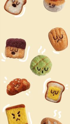 several different types of bread with faces drawn on them