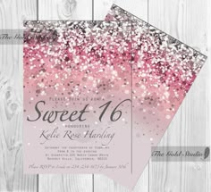 pink and silver glitter sweet 16 birthday party card with matching envelope, front and back