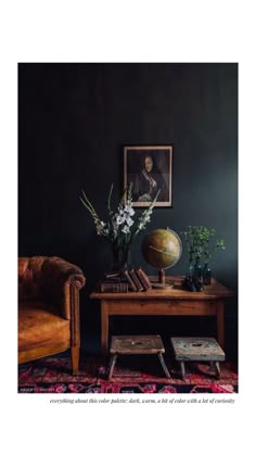 a living room filled with furniture and a globe on top of a wooden coffee table