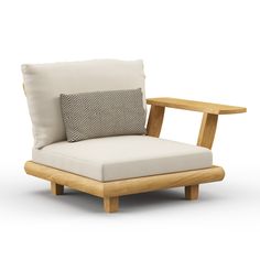 a wooden chair with a pillow on it's back and seat cushion in the middle