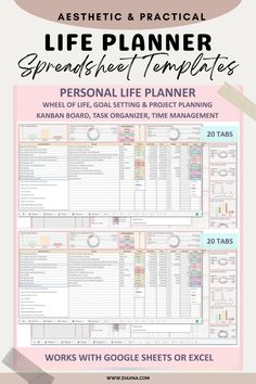 the life planner spreadsheet template is shown in pink and white with text that reads,