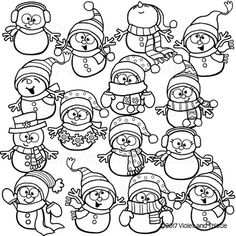 a group of cartoon snowmen with hats and scarfs, all in black and white