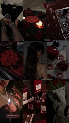 a collage of photos with candles, roses and other things in them that are red