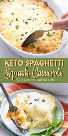 keto spaghetti squash casserole in a white dish with a serving spoon