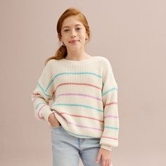 Keep your little one cozy with this girls 6-20 SO striped boxy crewneck knitted sweater in regular and plus size. Click on this KIDS APPAREL & SHOES GUIDE to find the perfect fit and more! Keep your little one cozy with this girls 6-20 SO striped boxy crewneck sweater in regular and plus size. FEATURES Crewneck Long sleevesFABRIC & CARE Acrylic, polyester, metallic Machine wash Imported Size: 18 PLUS. Color: Cream Stripe. Gender: female. Shoes Guide, Oversized Sweater, Knitted Sweater, Crewneck Sweater, Grey Stripes, Crew Neck Sweater, Size 20, Fabric Care, Gender Female