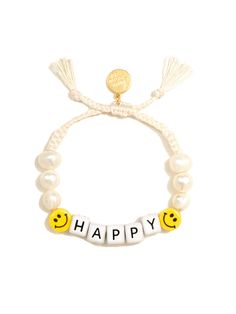 Our Happy Pearl Bracelet is sure to bring a smile to your face! With freshwater pearls and smiley charms, you can go around with a cheerful attitude and infectious positivity all day long! 6" Adjustable white threadwork Drawstring closure (extendable up to 8") Gold plated brass hardware Ceramic charms Freshwater pearls Handmade in New York City and Puerto Rico. Due to the handmade nature of our products, some charms may vary in color and style or be replaced if unavailable. Please allow 5-7 busi Smile Face Bracelet, Spanish Mothers Day, Ceramic Charms, Go Around, Name Bracelet, Jewelry Inspo, Smile Face, Brass Hardware, Bling Bling