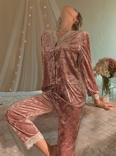 ❤︎ velvet lace loungewear❤︎ Lace Loungewear, Room Wear, Ribbon Quilt, Press The Button, Pearl Bag, Gold Velvet, Gift Of Time, Velvet Lace, Abayas Fashion