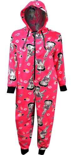 So cozy! These plush pajama sets for plus size women are traditional one piece pajama styling. The best part is that they have a really fun pattern of Betty Boop on them! These hot pink one piece zipper-closure pajamas have a hood and ribbed cuffs at the wrists and ankles. The plush fabric on these is thick and soft. Machine wash. Hot Pink One Piece, Betty Boop Pink, Betty Boop Figurines, Hoodie Pajamas, Betty Boop Purses, Tight Dress Outfit, Black Betty Boop, American Girl Doll Clothes Patterns, Lounge Pants Womens