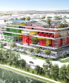 an artist's rendering of a multi - story building with red, yellow and green colors