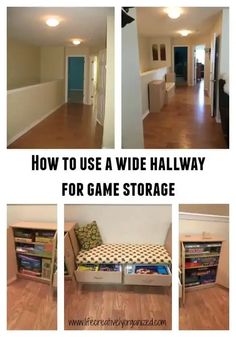 three pictures showing how to use a wide hallway for game storage