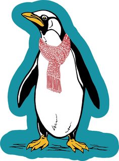 a penguin wearing a scarf and standing on one leg with the words your text here