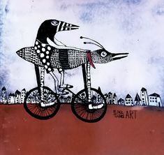 a drawing of a dog on a bicycle with buildings in the background and sky above