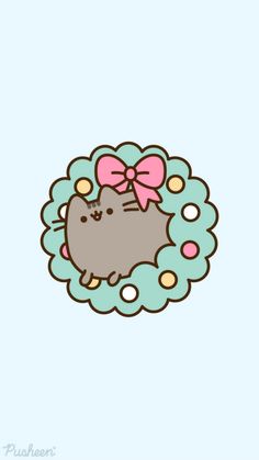 a cartoon cat with a pink bow sitting in a blue circle on a light blue background