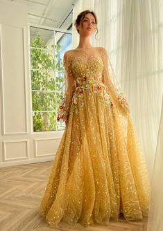 Floral Tulle Prom Dress, Glamour Gown, Gilded Glamour, Robes Glamour, Salwar Kamiz, Prom Dresses Long With Sleeves