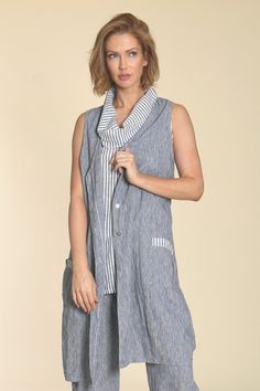 Linen Vest - Striped trim complements this long V-neck vest that lends drama and coverage to any look, no matter how you style it. Linen Vest, Long Vest, Artful Home, Long Vests, No Matter How, Cotton Linen, Get Inspired, Vest Jacket, Fabric Care