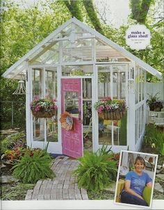 a magazine cover with an image of a woman in front of a pink door and greenhouse