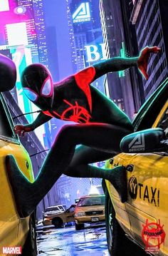 a spider - man is jumping over the back of a taxi in an animated scene