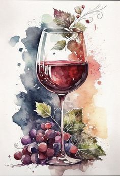 a watercolor painting of a glass of wine with grapes and leaves on the side