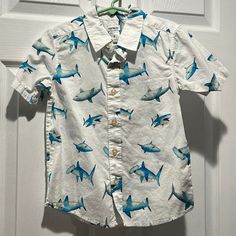 Carters Size 5 Shark Button Down Shirt Smoke Free Home Shark Button Up Shirt, Cute Blue Button-up Shirt, Blue Summer Shirt With Snap Buttons, Blue Shirt With Snap Buttons For Summer, Cute Light Blue Summer Shirt, Summer Short Sleeve Playwear Shirt, Summer Playwear Shirt With Short Sleeves, Cute White Button Shirt, Cute Blue Collared Top