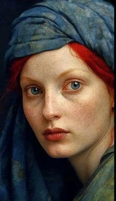 a painting of a woman with red hair wearing a blue shawl and looking at the camera