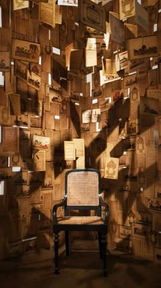 a chair sitting in front of a wall full of books