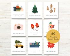 six christmas cards with the words, 50 printable activity cards and pictures on them