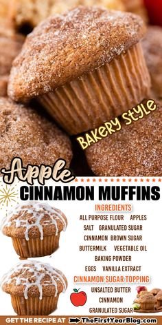 Apple Cinnamon Muffins pin with text overlay Apple Muffins With Glaze Drizzle, Baking Recipes With Cinnamon, Bakery Style Apple Cinnamon Muffins, Shredded Apple Muffins, Moist Apple Muffins Recipes, Apple Cinammon Muffins Recipe, Apple And Cinnamon Muffins, Macoun Apple Recipes, Bakery Style Apple Muffins