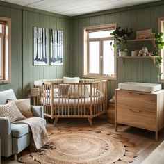 a baby's room with green walls and wooden furniture, including a crib