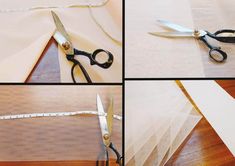 four pictures showing how to cut fabric with scissors and tape on the floor, along with several different images of cutting material