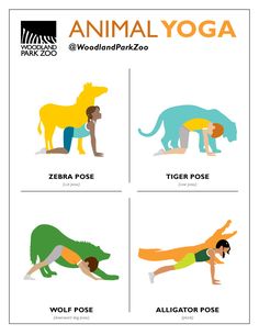 an animal yoga poster with four different types of animals and their names on it's side