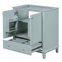 an open cabinet with two drawers on each side and one drawer in the middle,