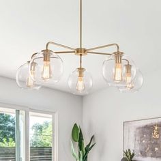 a chandelier with five clear globes hanging from the ceiling