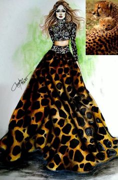 a drawing of a woman in a leopard print dress next to a cheetah