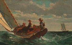 a painting of three men in a boat on choppy water