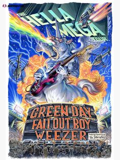 an advertisement for the electric rock band green day, featuring a unicorn playing a guitar