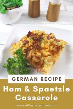 ham and spaetzle noodles casserole on a white plate with a garnish of parsley Recipes With Spaetzle Noodles, Spatzle Recipe, Spaetzle Recipes, Casserole With Ham, Oktoberfest Recipes, German Dinner, Ham And Cheese Casserole, Ground Lamb Recipes, German Breakfast