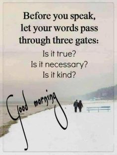 two people walking down a snow covered beach with the words before you speak, let your words pass through three gates is it true? is it necessary? is it necessary? is it