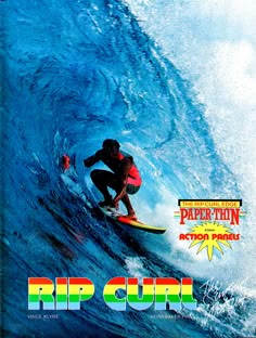 a man riding a surfboard on top of a wave in the ocean with caption rip curl