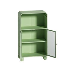 an open green cabinet with wheels and shelves